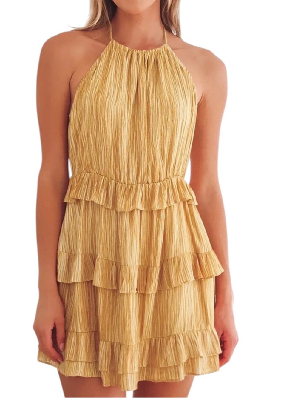 Lulu's Mustard Halter Ruffle Tiered Mini Dress